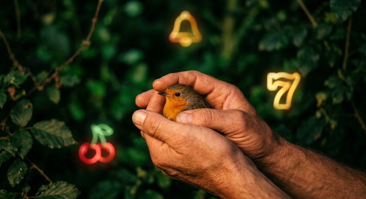 Tangan manusia merawat burung kicau dengan lembut di bawah cahaya hangat bernuansa hijau