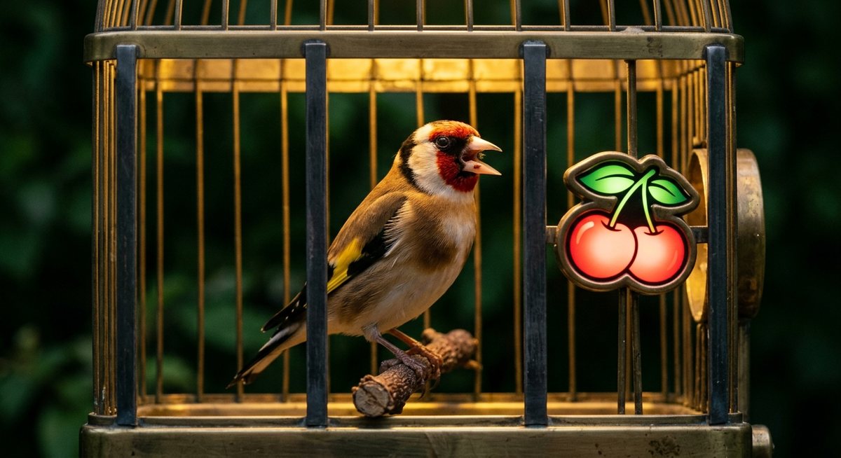 Burung kicau membuka paruhnya bernyanyi di dalam sangkar berbingkai seperti jendela gulungan mesin slot